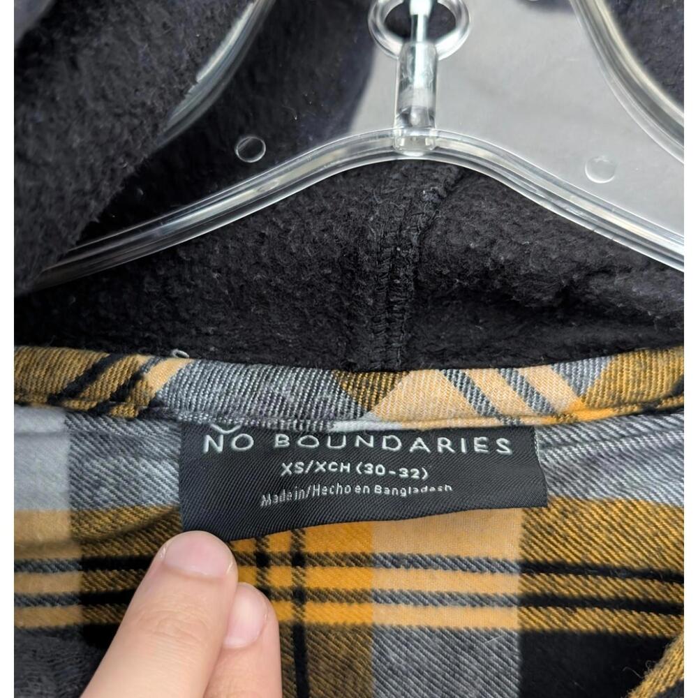 No Boundaries Shirt Mens XS Yellow Black‎ Gray Hooded Flannel Plaid Button Up - Picture 3 of 8